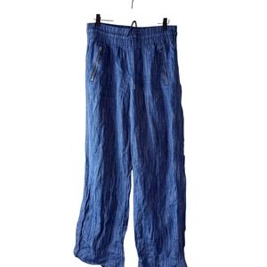 Athleta Linen Textured Wide Leg Pants Sz 10 Blue Striped Zipper Pockets